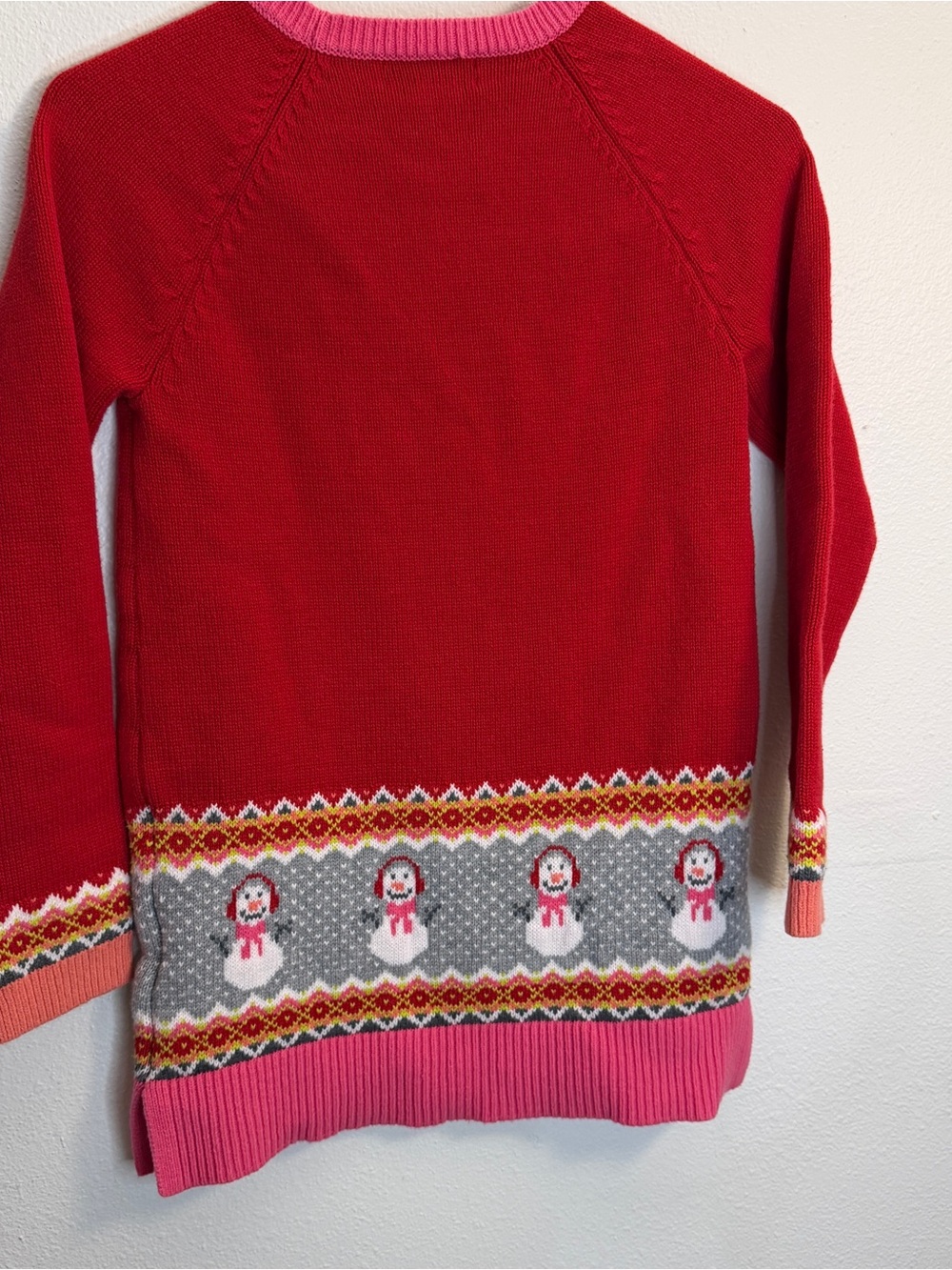 Lands' End Red Knit Tunic Sweater/ Dress, Pink Trim & Snowman Fair Isle M 10/12 - Picture 5 of 8